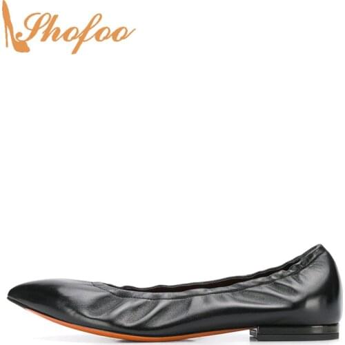 Black Ballet Flats Woman Pointed Toe Slip On Large Size 12 14 Ladies Summer Formal Office Footwear Fashion Pleated Shoes Shofoo