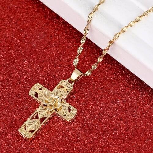 Gold Color Orthodox Christianity Church Eternal Flower Leaf Cross Pendant Necklace Jewelry Russia Greece Ukraine
