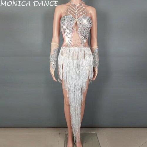 Women Sexy Stage Sparkly Silver Crystals Fringes Dance Costume Rhinestones Gloves Tassel Bodysuit Party Stage Wear Dance Costume