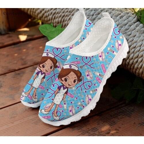 ELVISWORDS Shoes Women Cartoon Nurse Printing Breathable Air Mesh Sneakers for Ladies Lightweight Womens Flats Shoes Loafers