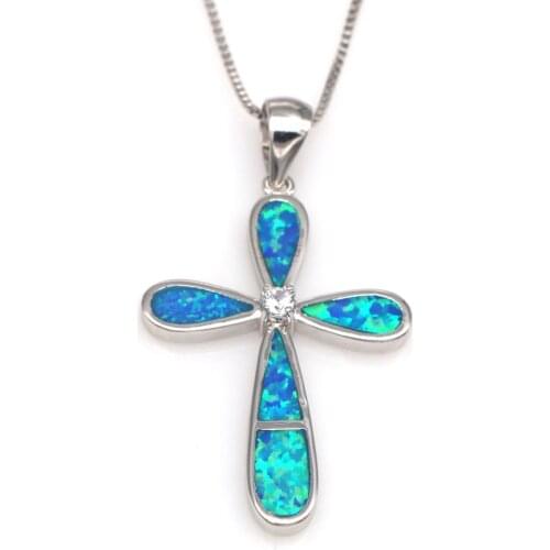 JZP0109New Cross Opal Pendant Necklace Fashion Pop Blue Opal Cross Pendant Necklace Womens Fashion Jewelry