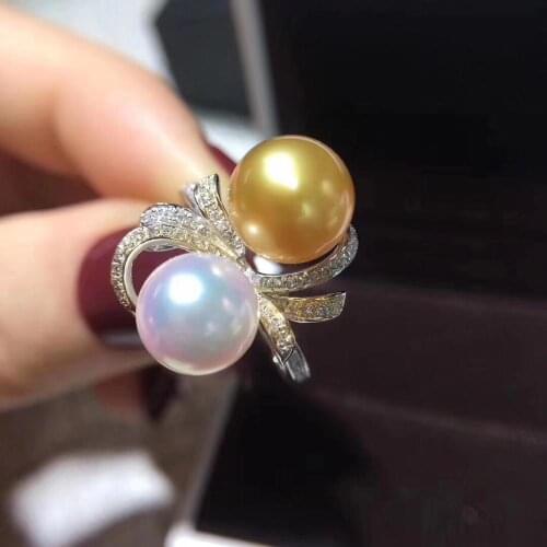 Fine Jewelry 925 Sterling Silver Natural Fresh Water 9-8mm Golden Peals Rings for Women Fine Pearls Rings