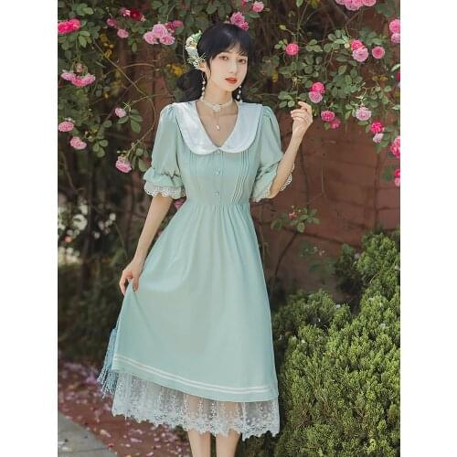 Sweet Kawaii Dress Vestidos Women Summer French Romantic Lace Trumpet Sleeve Fashion Sweet Doll Collar Cute Princess Dress