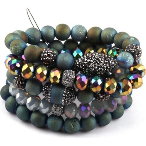 MOODPC Fashion Jewelry Beautiful Blue Druzy Bead Women Bracelet Set Natural Stone & Glass Crystal Pave Bracelets