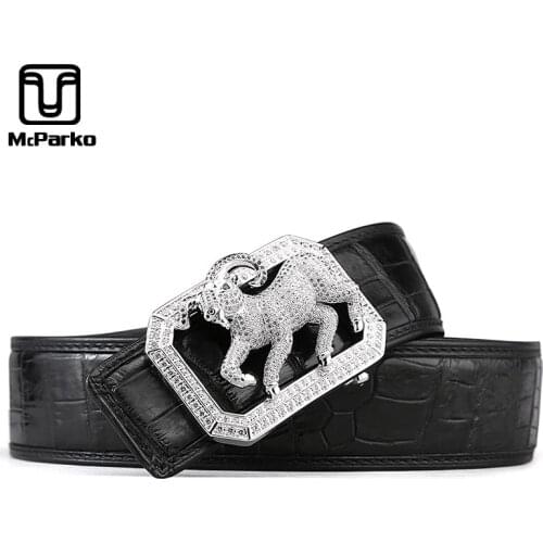 McParko Crocodile Belt Mens Leather Belts With Buckle Luxury Animal Design Genuine Leather Waist Belt with rhinestones Buckle