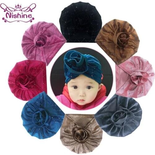 Nishine Shining Handmade Folded Flowers Toddler Hats Comfortable Warm Velvet Baby Caps Solid Color Floral Headwear Birthday Gift
