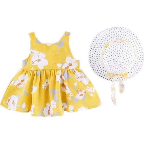 Baby Girls Dress 2021 New Summer Childrens Clothing Sling Sweet Bow Floral Little Daisy Hat Vest Dresses 1-4Y Sleeveless Dress