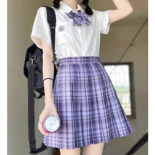 HOUZHOU Harajuku Pleated Plaid Skirt Women Purple Kawaii Cute Mini Skirts Sexy Summer Japanese School Uniform Jk School Girls