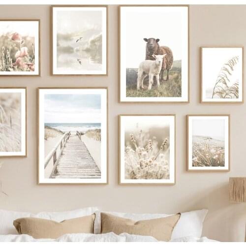 Bird In The Sky Beach Bridge Flower Reed Grass Sheep Wall Art Print Canvas Painting Nordic Poster Decor Pictures For Living Room