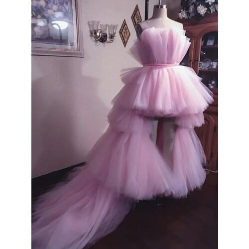 Real Image 2021 Pink Ruffles High Low Evening Dresses Tiered Puffy Tutu Prom Gowns Pretty Formal Dresses Abendkleider