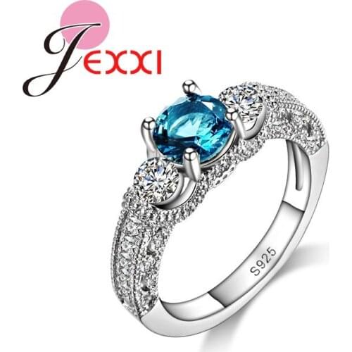 Luxury Blue CZ Crystal Wedding Engagement Rings For Women/Girls 925 Sterling Silver Party Ring Gift Accessories