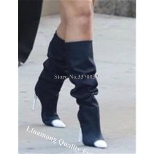 Linamong New Fashion White Pointed Toe Patchwork Stiletto Heel Knee High Boots Slip-on Black Suede Leather Long High Heel Boots