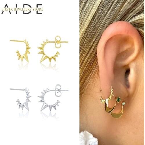 AIDE Punk C Shape Rivet Studs Earrings for Women Men Girl Gothic Sun 925 Sterling Silver Earrings Fine Jewelry Gifts kolczyki