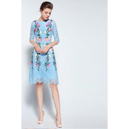 Blue Lace Embroidery Half A-Line Knee-Length 2018 spring and summer New pattern Fashion Womens slim elegant style dress