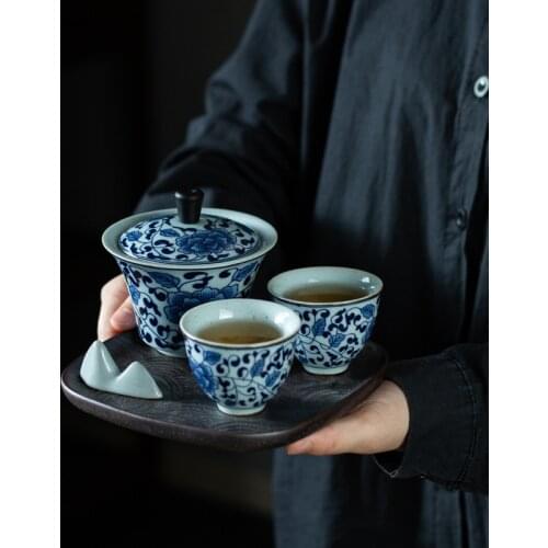 Blue and White Tea Set Suit 1 Tureen 2 Teacup Office Simple Dry Pour Porcelain Kung Fu Tea Set Mini Set Tea Set Chinese Gaiwan