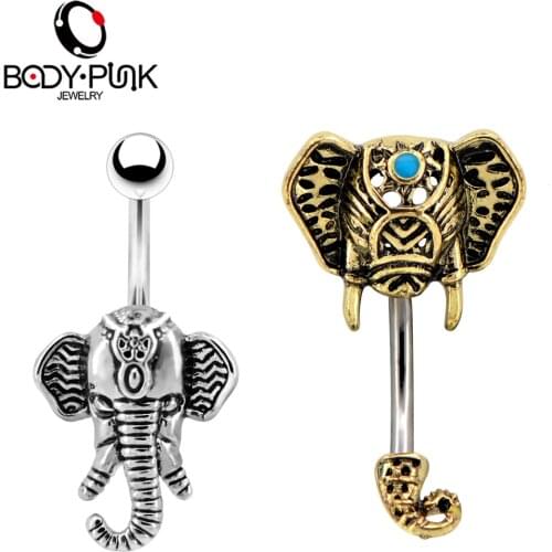 BODY PUNK Cute Gold Elephant Stainless Steel Curved Navel Piercings Belly Button Rings Body Jewelry Summer Style for Women