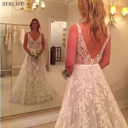 JIERUIZE Vintage Lace Wedding Dresses V-neck Backless Bride Dresses A-line Wedding Gowns robe de soiree