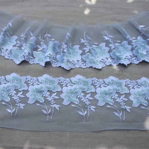 5.51"14cm(2yards/lot) Embroidered Floral Tulle Lace Trim in Light Grey+White+Light Blue-green~~Bloomy