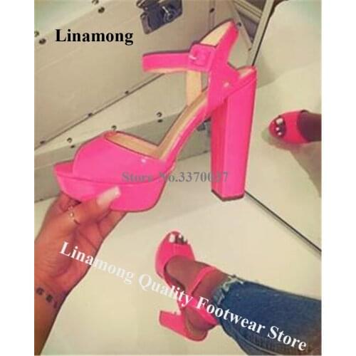 Linamong Women Sexy Peep Toe Patent Leather High Platform Sandals Pink Orange Thick High Heel Sandals Wedding Dress Shoes