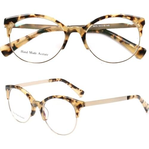 Women Round Eyeglass Frame for women Tortoise acetate metal glasses frames Halfrim Fashion retro leopard print eyeglasses frame