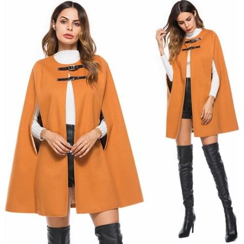 Hodisytian Women Cloak Trench Coat Elegant Capes Casual Solid Wool Blends Streetwear Leather Buckle Cardigan Poncho Outerwear