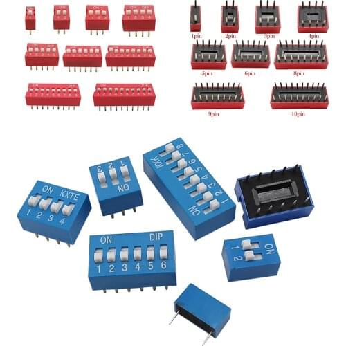 10Pcs Blue & Red Slide Type Switch Module 1 2 3 4 5 6 7 8 10PIN 2.54mm Position Way DIP Toggle Switch Snap Switch Dial Switchs