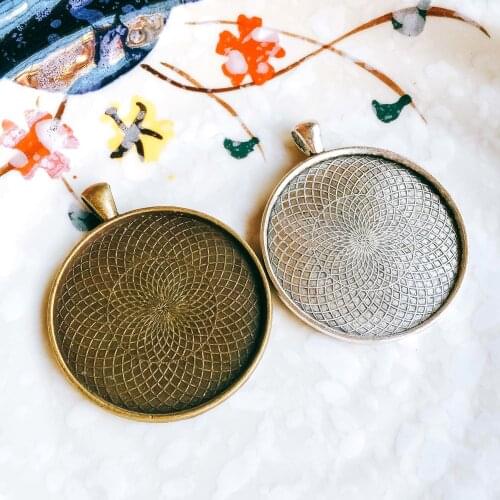 5pcs/lot 40mm Necklace Pendant Setting Antique Bronze Silver Color Glass Cabochon Blank Base Supplies for Jewelry Finding T202