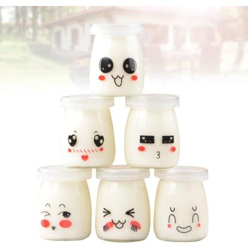 6pcs 150ml Facial Expression Pudding Bottles Cute Face Heat-resistant Glass Jelly Yogurt Jar Containers (Random Pattern)