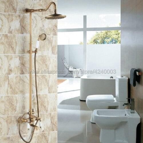 Antique Brass Shower Faucets Set 8'' Rainfall Shower Head Handle Shower Mixer Tap Swivel Tub Spout Bath Shower Set Krs118
