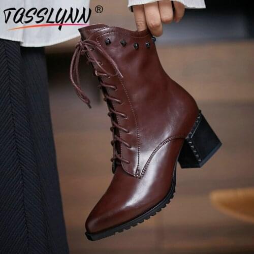 TASSLYNN 2020 Genuine Leather Ankle Boots for Women Pointed Toe Lace-Up Winter Boots Women Square High Heel Boots Women Shoes