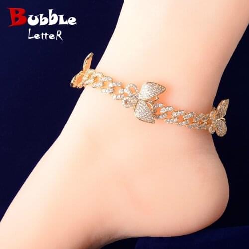 10mm Gold Miami Cuban Link Anklets With Butterfly Bling Women Feet Link Jewelry AAAA Zircon Hip Hop Chain