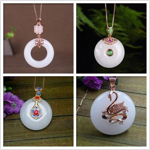 Fidelity Xinjiang Heti Whitejaspe Peace Buckle Pendant Suet Gold Jade Inlaid Cloisonne Sweater Chain Emerald Jewelry Certificate