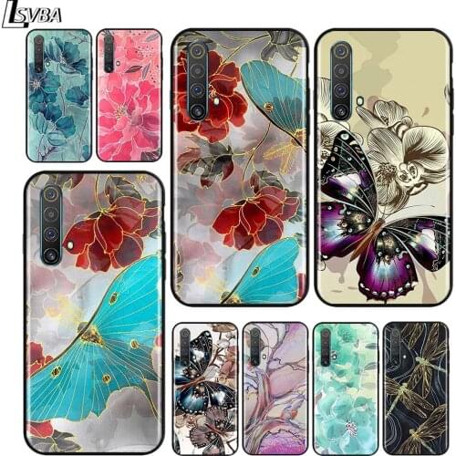 Butterfly Flower Marble Art for OPPO Realme V15 X5 X3 X50 X7 X2 C17 C11 C3 C2 7 7i 6 6S 6i 5 Narzo 20 Pro Black Phone Case