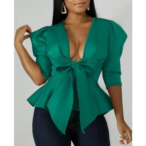 Women Peplum Blouse Tops with Waist Belt Bowtie Half Sleeves Deep V Neck Sexy Party Clubwear Night Date Out Evening Bluas Ladies