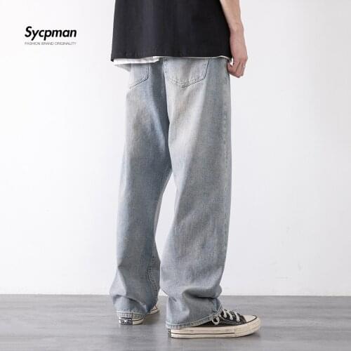Retro loose jeans mens wide leg drop pants trend simple wash make old light blue straight youth pants