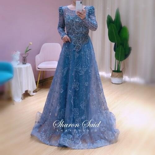 Elegant Blue Long Sleeve Arabic Evening Dresses for Women Dubai 2021 Luxury Crystal Muslim Wedding Formal Party Dress Blush Pink