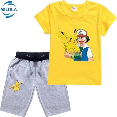 Pokemon Go Anime Cartoon Print Pikachu Summer Childrens Cotton Short Sleeve T-shirt Pants Boys Girls Casual Clothes Set