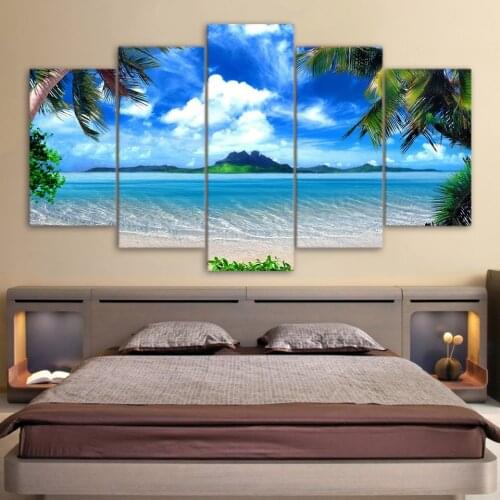 HD Print Canvas Wall Art Pictures Modern Living Room 5 Panel Beach Blue Palm Trees Decor Poster 5 Pieces Painting Frame PENGDA