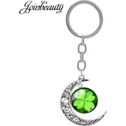 JOINBEAUTY Lucky Women Four Leaf Clover Keychain Charm Green Plant Clover Good Luck Moon Pendant Key Chain Ring Holder T673