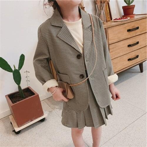 2019 Autumn Fashion Girl Clothing Set Kids Clothes Single-breasted Plaid Blazer Coat+Pleated Skirt 2pc Party Suit 2-7Yrs Outfits