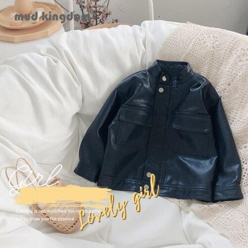 Mudkingdom Boy Pu Leather Jacket Solid Long Sleeve Zipper Button Fashion Spring Autumn Outerwear for Kids Big Pocket Clothes