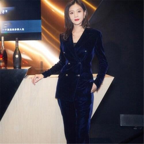Fashion Velvet Women Pant Suits Notched Collar Blazer Jacket &Bell-bottoms Navy Blue Female Suit Spring 2020 High Quality