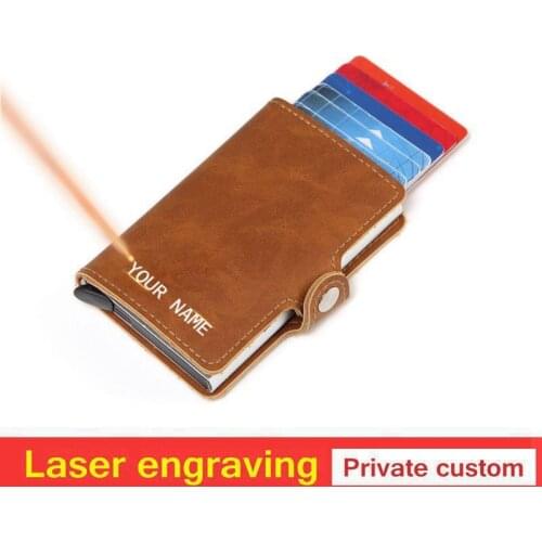 Laser engraving Men Crazy Horse Leather Wallet Aluminum RFID Pocket mini Wallet Card holder Blocking Automatic pop up purse