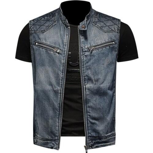 Mcikkny New Fashion Men Spring Autumn Denim Vest Zipper Pockets Motorcycle Classic Waistcoats For Male Sleeves Jeans Jackets