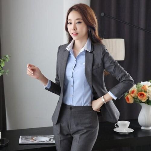 Novelty Grey Formal Uniform Design Career Work Wear Suits With Jackets And Pants Slim Fashion Pantsuits Ladies Trousers Set