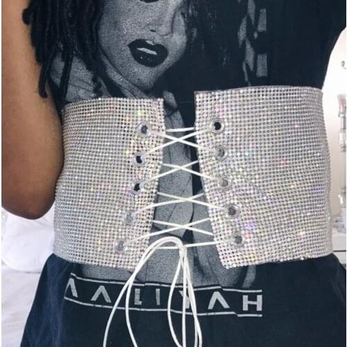 Punk Blingbling Crystal Cummerbund Female Beading Belt Body Gold Silver Exaggerated Big Waistband Bar Club Elastic Waist Belt