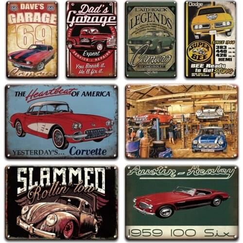 Hot Rod Car Metal Wall Art Tin Sign Vintage Garage Home Decor Retro Pin Up Old School Car Poster Man Cave Wall Haning Plaques