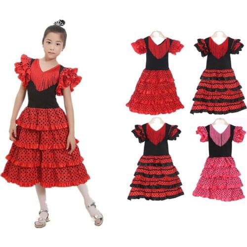 Traditional Spanish Flamenco Dance Dress for Girls Baby Classic Flamengo Gypsy Style Skirt Bullfight Festival Ballroom Red