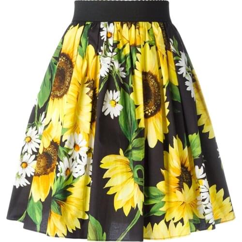 Customized Womens Vintage Yellow Sunflower Print Elastic Waistband Pleated Short Skirt Ladies Floral A-Line Casual Skirts Saia