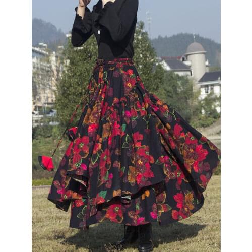 Kalenmos 2021 New Cotton and Linen Woman Medieval Skirt Fashion Flower Print Retro Ethnic Style Irregular Hem Pleated Skirt